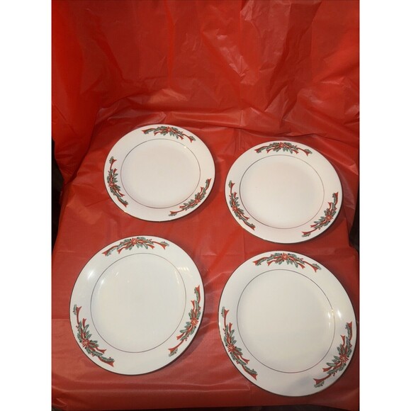 (4) Tienshan Poinsettia and Red Ribbons Dessert Plate 7.5” Christmas Fine China - Picture 4 of 6